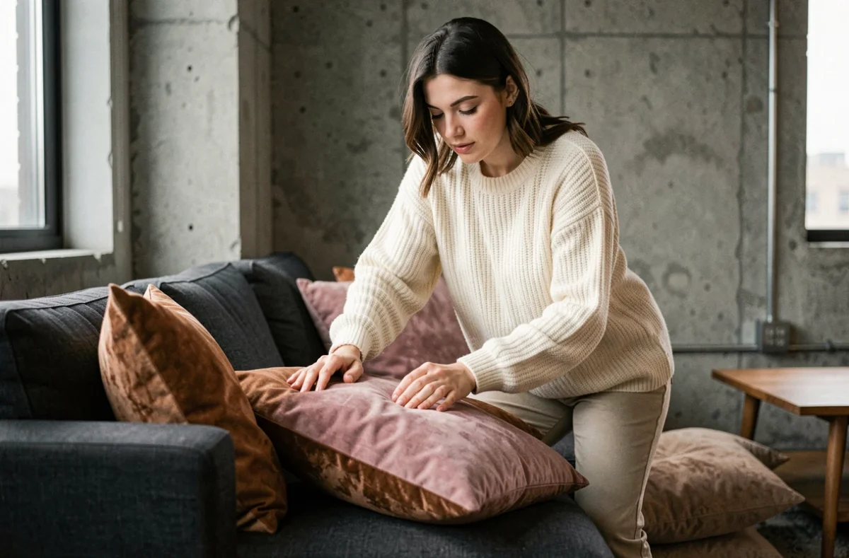 Femme arrangeant des coussins en daim cognac et rose poudré sur un canapé gris anthracite dans un appartement contemporain