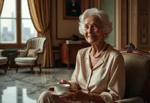 Femme âgée élégante dans un salon luxueux avec porcelaine