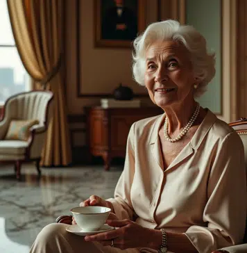 Femme âgée élégante dans un salon luxueux avec porcelaine