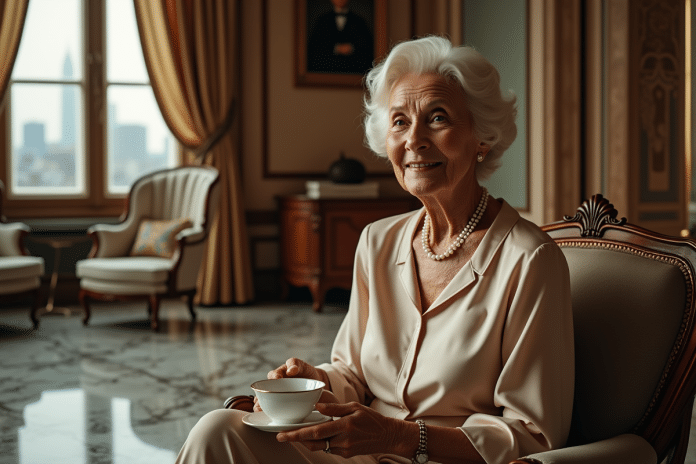 femme-elderly-luxe-salon Femme âgée élégante dans un salon luxueux avec porcelaine