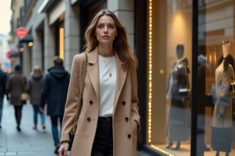 Femme élégante en manteau dans une boutique de luxe en ville