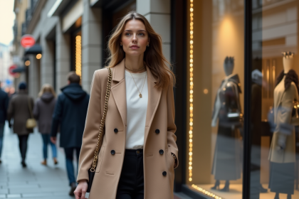 Femme élégante en manteau dans une boutique de luxe en ville