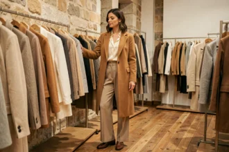 Femme élégante parcourant un portant vêtements dans une boutique de mode parisienne, portant un manteau camel et un pantalon large crème, atmosphère éditoriale tendance