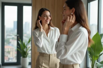 Femme élégante en blouse blanche et pantalon beige ajusté