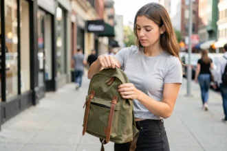 Jeune femme inspectant les détails d'un sac à dos vert en toile dans une rue urbaine