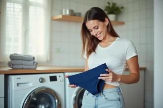 Femme inspectant des maillots menstruels bleus dans une buanderie lumineuse