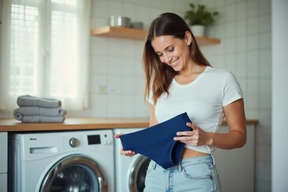 Femme inspectant des maillots menstruels bleus dans une buanderie lumineuse
