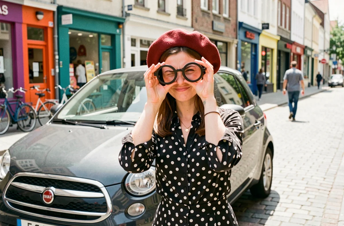 Jeune femme en costume de sketch tenant des lunettes cul de bouteille devant une voiture en ville