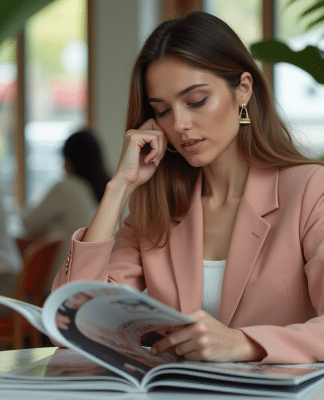 Magazine de mode : Comparatif des meilleurs choix de l’année 2025 Femme élégante en tailleur pastel dans un café moderne