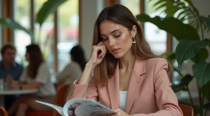 Magazine de mode : Comparatif des meilleurs choix de l’année 2025 Femme élégante en tailleur pastel dans un café moderne