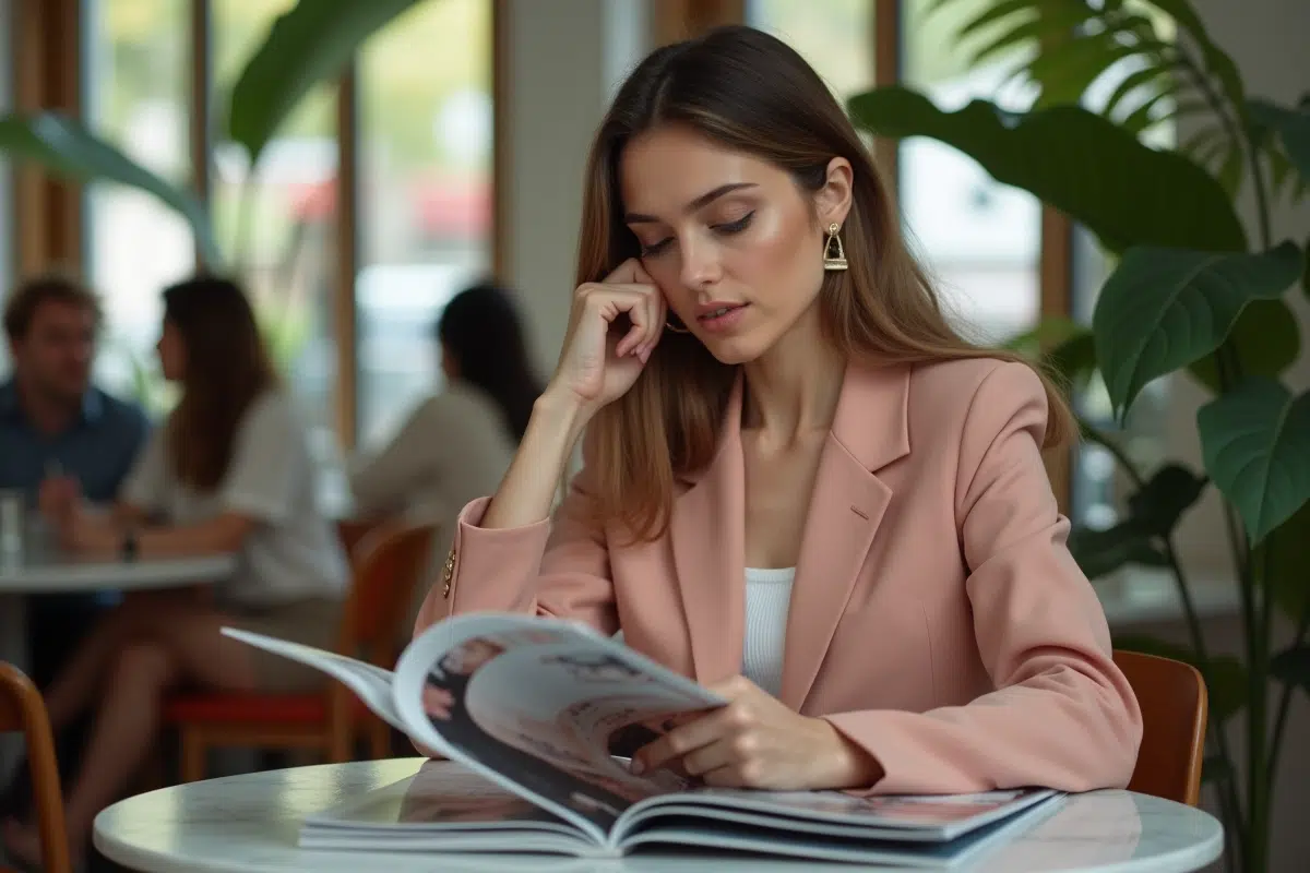 Femme élégante en tailleur pastel dans un café moderne