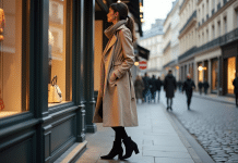 Shopping à Paris : quel arrondissement est le top pour les boutiques ? Femme élégante en trench beige admire une vitrine à Paris