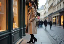 Shopping à Paris : quel arrondissement est le top pour les boutiques ? Femme élégante en trench beige admire une vitrine à Paris