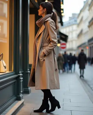 Femme élégante en trench beige admire une vitrine à Paris