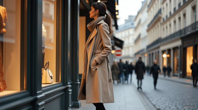 Femme élégante en trench beige admire une vitrine à Paris