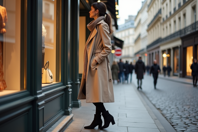 femme-mode-paris-marais Femme élégante en trench beige admire une vitrine à Paris