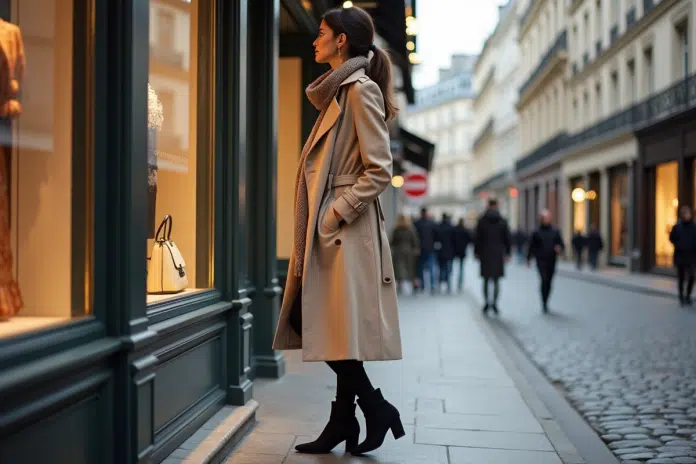 Femme élégante en trench beige admire une vitrine à Paris