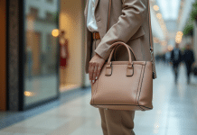 Femme élégante avec sac ushaped dans un centre commercial