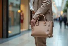 Femme élégante avec sac ushaped dans un centre commercial