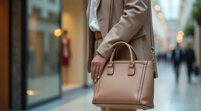 Femme élégante avec sac ushaped dans un centre commercial