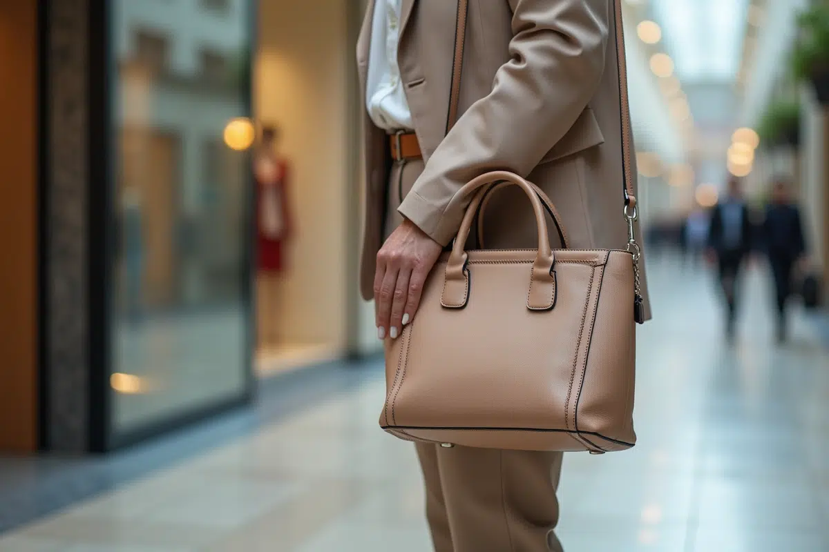 Femme élégante avec sac ushaped dans un centre commercial