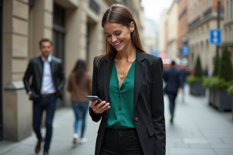 Femme élégante en ville vérifiant son téléphone