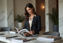 Meilleur magazine Vogue : Analyse des pays les plus influents dans l’industrie de la mode Femme élégante feuilletant Vogue dans un bureau moderne