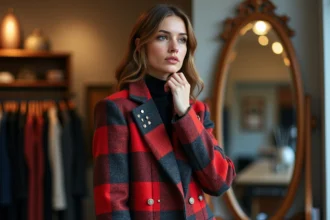 Femme en veste tartan asymetrique dans une boutique