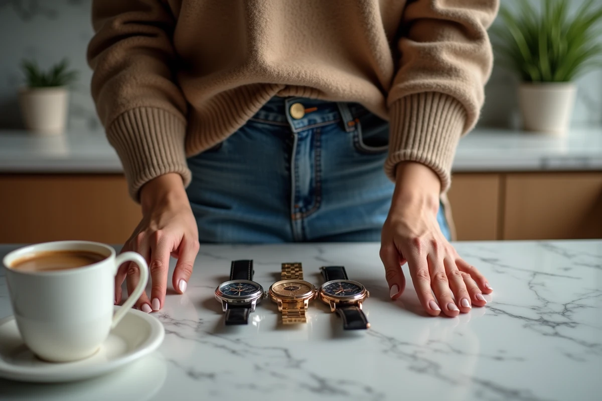 Femme examine des montres dans une cuisine moderne