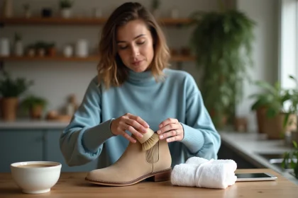 Femme nettoyant une bottine en suede beige dans sa cuisine