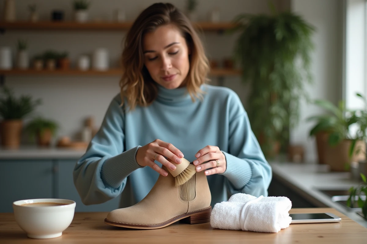 Femme nettoyant une bottine en suede beige dans sa cuisine