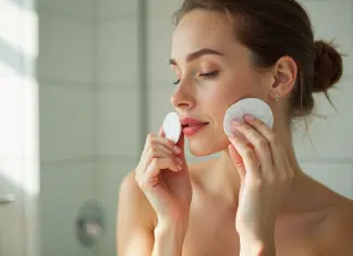 Jeune femme nettoyant ses lèvres avec un coton imbibe d huile d olive