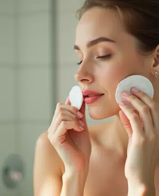 Jeune femme nettoyant ses lèvres avec un coton imbibe d huile d olive