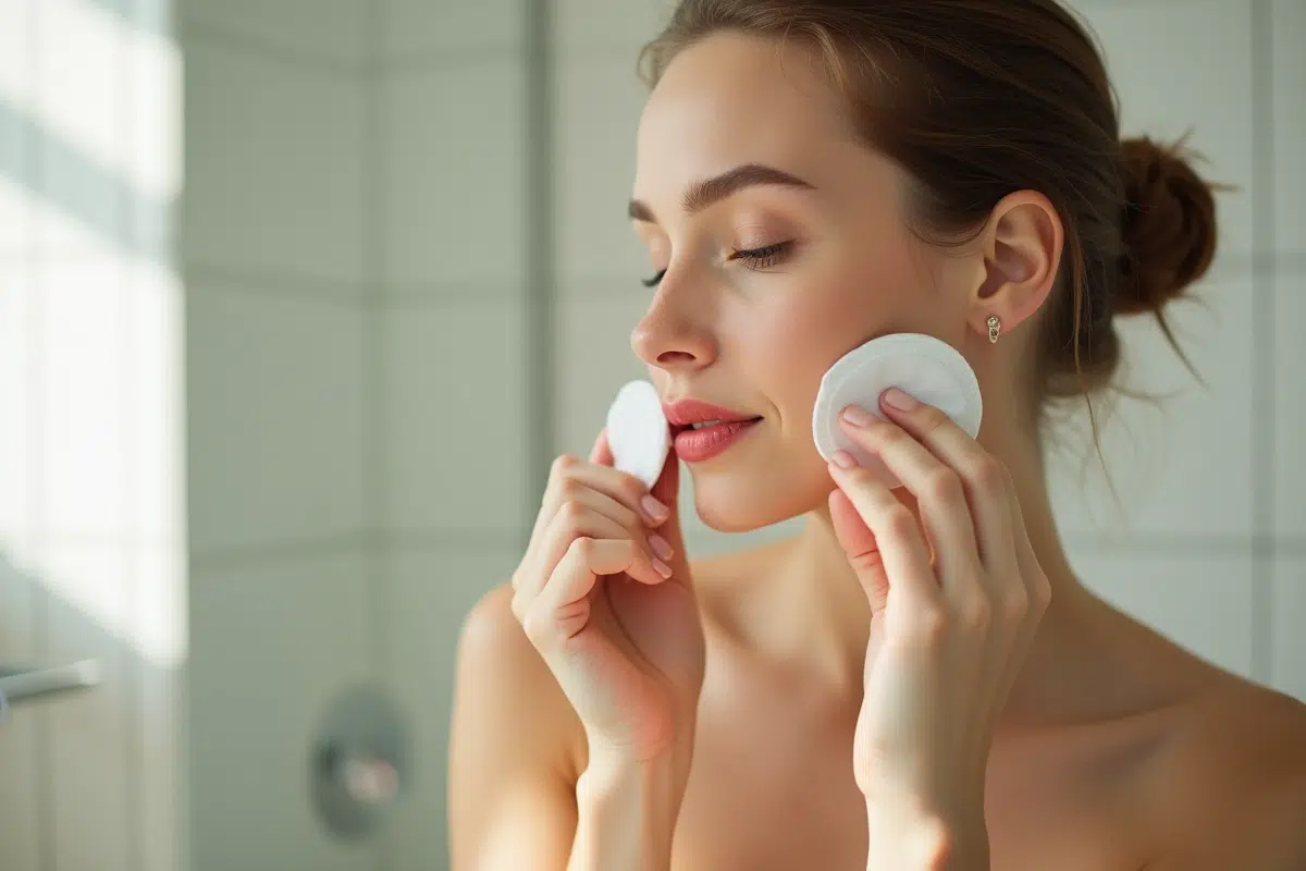 Jeune femme nettoyant ses lèvres avec un coton imbibe d huile d olive