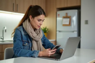 Femme vérifiant dates de braderie sur son ordinateur portable