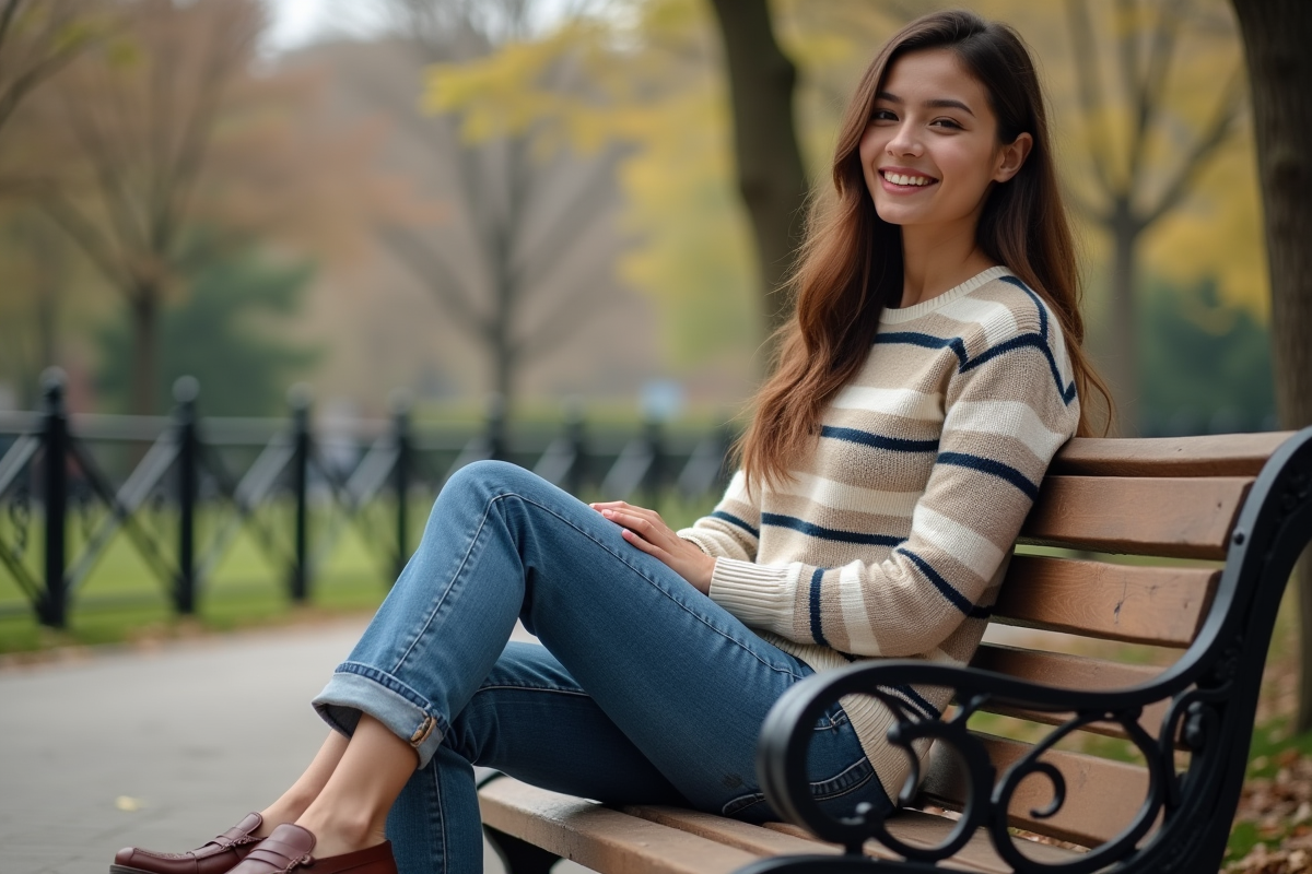 Jeune femme en pull rayé dans un parc urbain