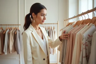 Jeune femme parisienne élégante parcourant un portant de vêtements dans une boutique minimaliste aux tons neutres