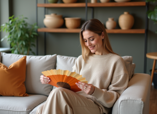 Femme examinant des échantillons de peinture dans un intérieur moderne