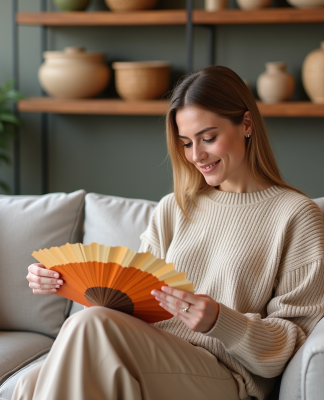 Couleur de l’Année 2025 : Prédictions et Tendances à Suivre pour Votre Déco ! Femme examinant des échantillons de peinture dans un intérieur moderne