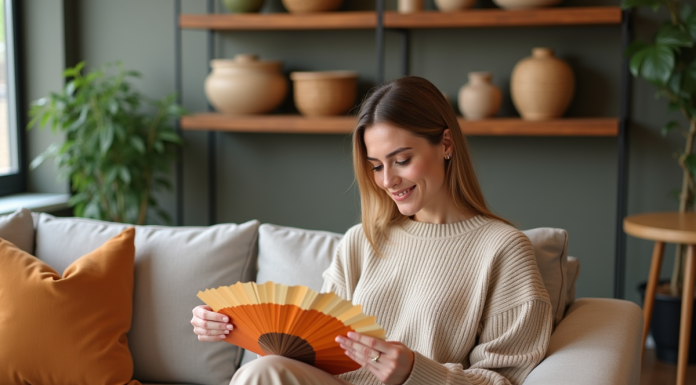 Couleur de l’Année 2025 : Prédictions et Tendances à Suivre pour Votre Déco ! Femme examinant des échantillons de peinture dans un intérieur moderne