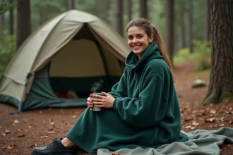 Femme portant un poncho polaire vert en camping près d'une tente dans une forêt de pins