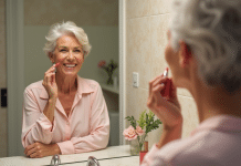 Femme souriante appliquant un rouge à lèvres dans une salle de bain