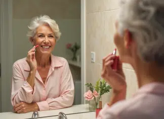 Femme souriante appliquant un rouge à lèvres dans une salle de bain