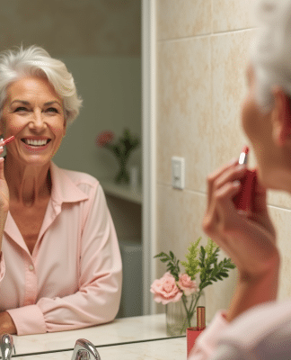 Rouge à lèvres : quelle teinte choisir pour rajeunir votre look ? Femme souriante appliquant un rouge à lèvres dans une salle de bain