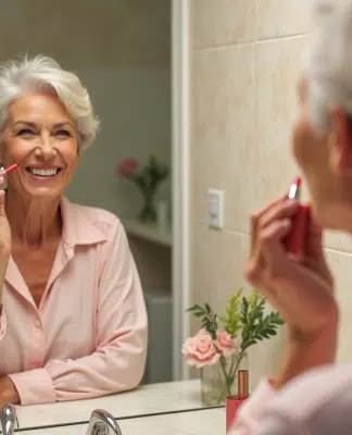 Rouge à lèvres : quelle teinte choisir pour rajeunir votre look ? Femme souriante appliquant un rouge à lèvres dans une salle de bain