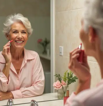 Femme souriante appliquant un rouge à lèvres dans une salle de bain