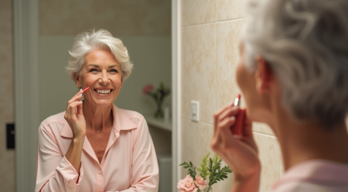 Femme souriante appliquant un rouge à lèvres dans une salle de bain