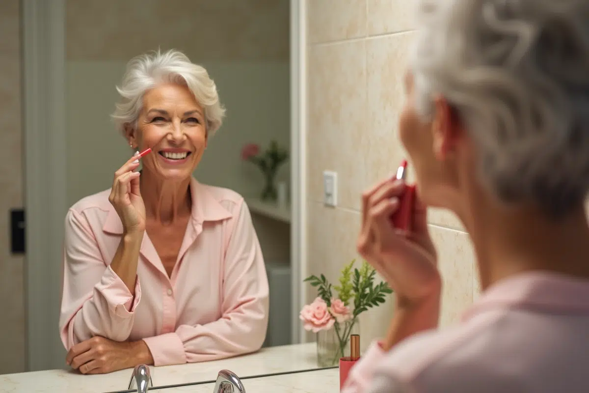 Femme souriante appliquant un rouge à lèvres dans une salle de bain