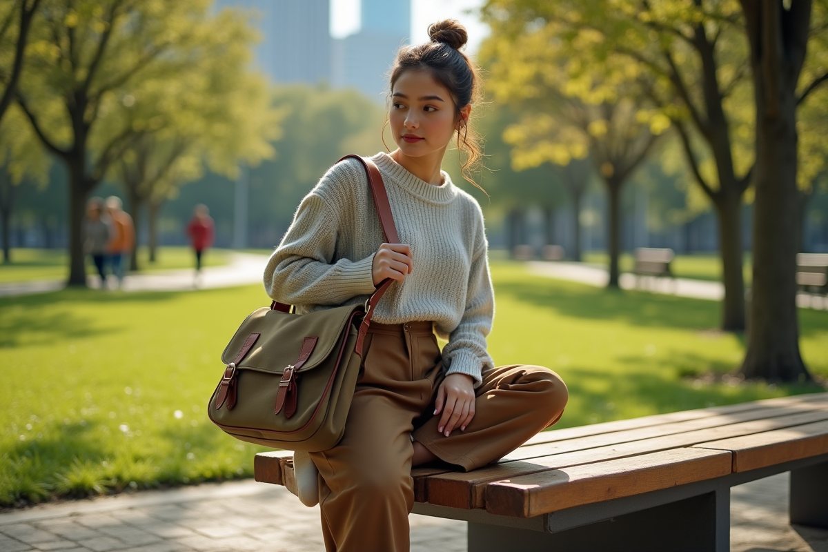 Jeune femme avec sac en toile dans un parc ensoleille