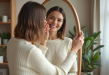 Femme d'âge moyen souriante se coiffant dans un salon moderne